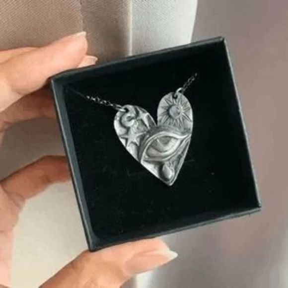 Silver Celestial Moonstone Crying Eye Sun Heart Pendant Necklace - Picture 9 of 9